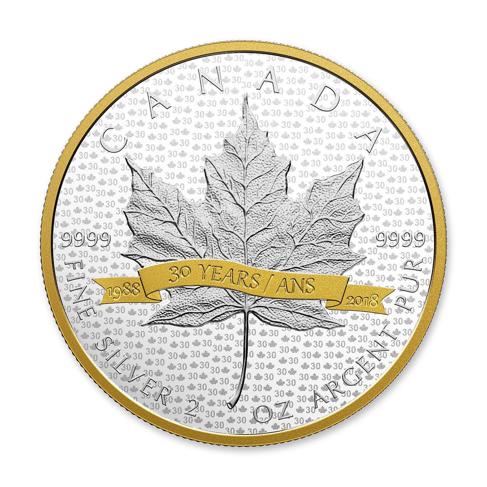 2018 $10 SML Tribute to 30 Years 2 oz Gold-Plated Silver Coin, reverse (design side)