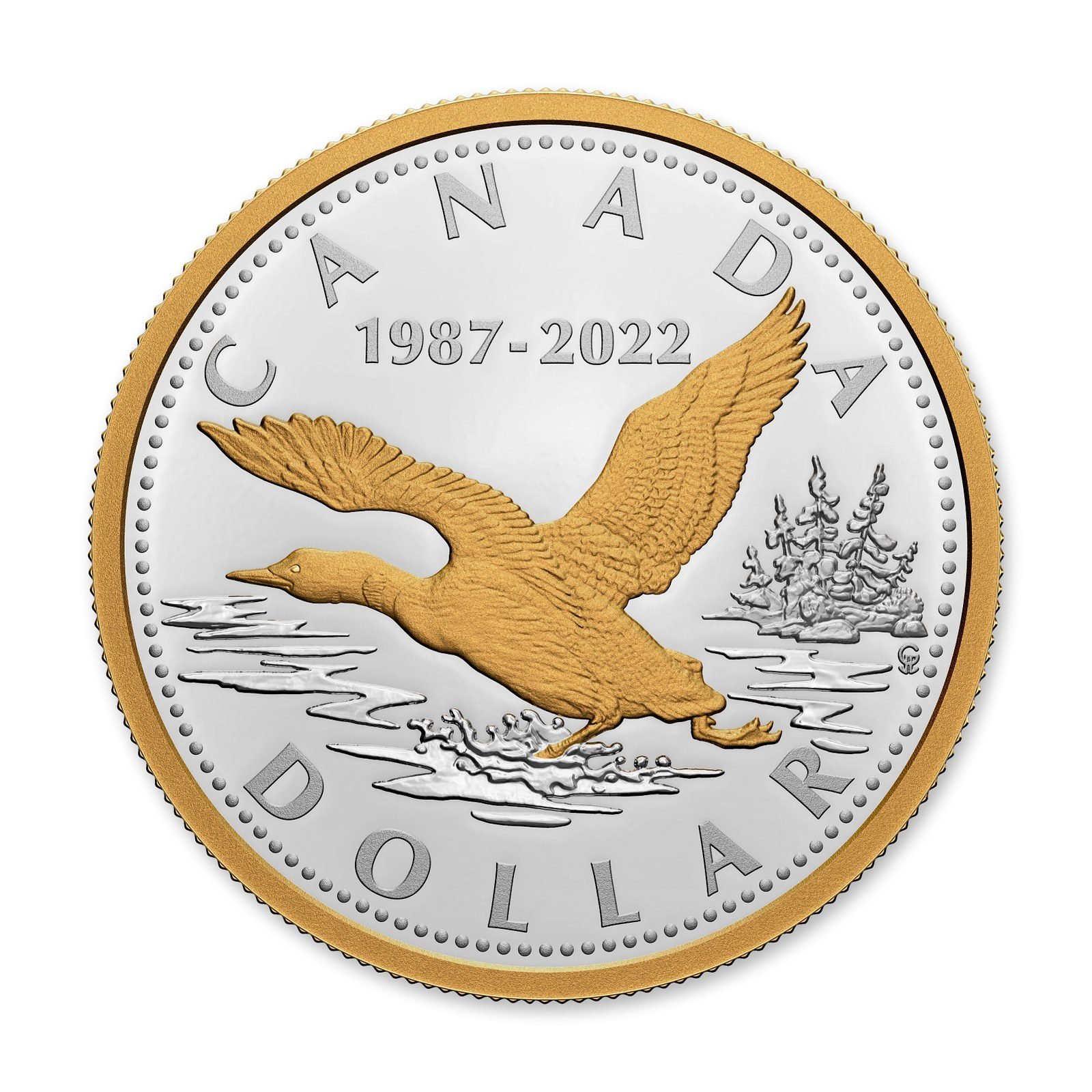 2022 $1 35th Anniversary of the Loonie Renewed Silver Dollar 2 oz, reverse (design side)