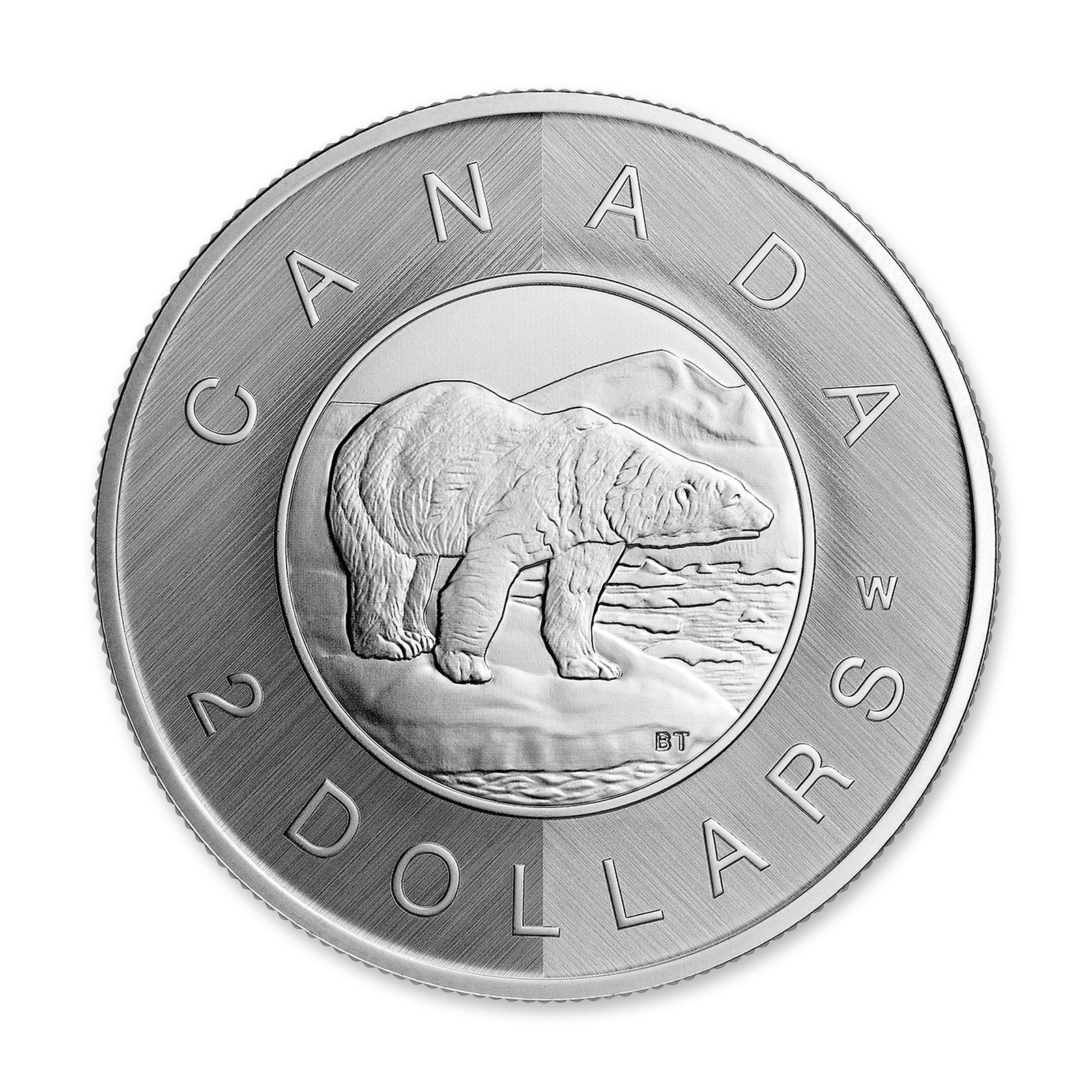 2023 $2 Tribute: W Mint Mark Polar Bear 1 oz Silver Coin, reverse (design side)
