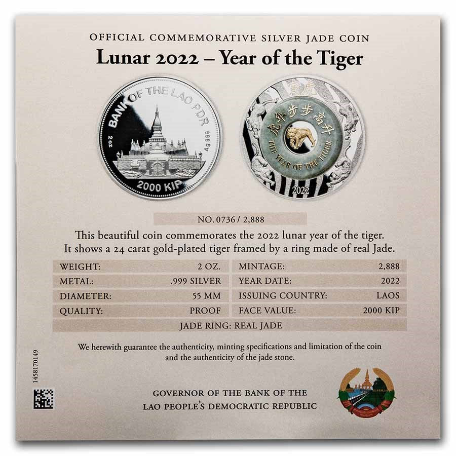 2022 Laos Lunar Year Tiger with Jade 2 oz Pure Silver